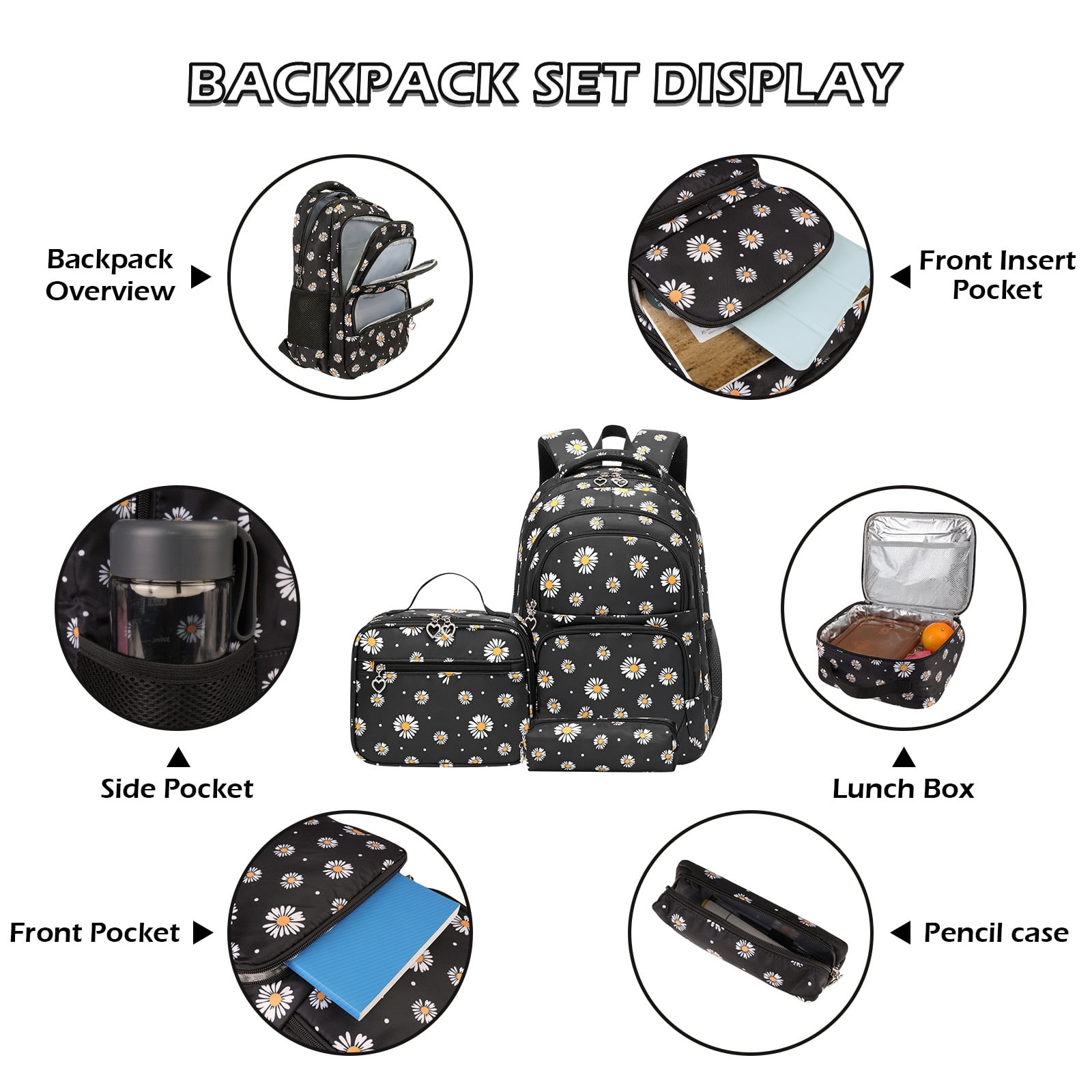 Forestfish 3-Piece Backpack Set for School,Large Capacity Teen Backpack with Insulated Lunch Bag & Pencil Case,Waterproof with Laptop Compartment & Side Pocket(Daisy A/Black)