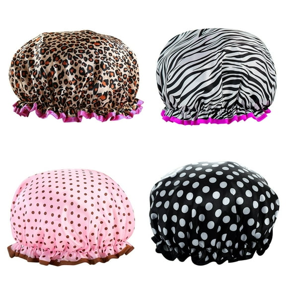 Shower Cap for Women, 4Pcs Elastic Shower Caps for Women Reusable Waterproof, Double Layers Hair Cover for Bath