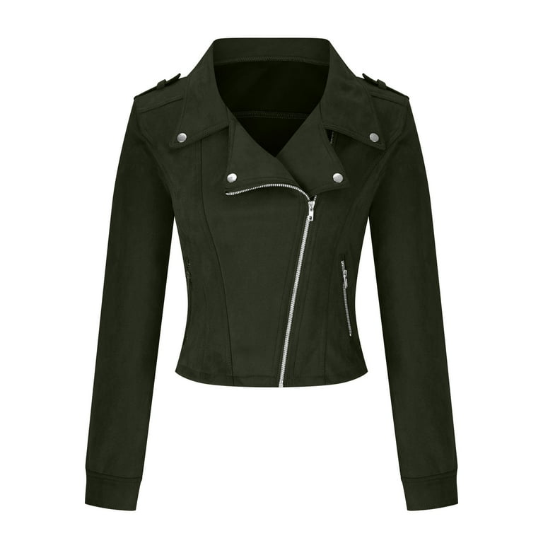 XFLWAM Womens Leather Jacket 2022 Faux Zip Up Classical Jackets Long Sleeve Plus Size Cropped Motorcycle Outwear Coat Green XL