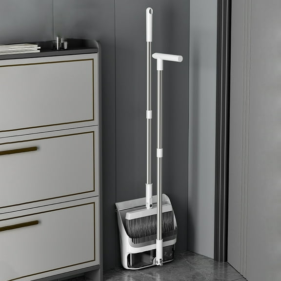 Long Handle Broom and Dustpan Set,Heavy Duty Cleaning Tools for Floor, Kitchen, Office, Home, Self-Cleaning Dustpan with Scraper Teeth, No Bend Sweeping, Space-Saving Stand Storage,Indoor Outdoor Use