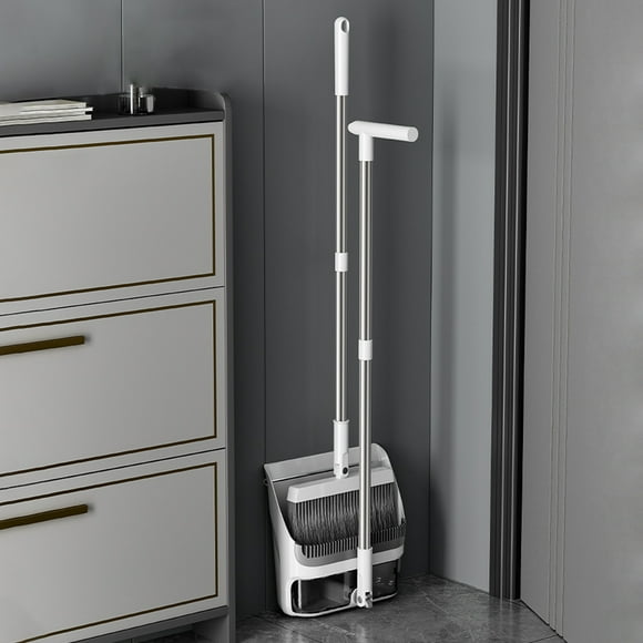 Xihbxyly Juego de Escoba Larga de Acero Inoxidable Ligero, Recogedor Autolimpiable, Mango Ajustable, Fácil de Guardar, para Uso En Casa, Oficina o Cocina, Mango de 95 Cm, Color Blanco (1 Juego)