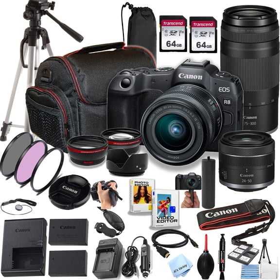 Canon EOS R8 24.2MP Full-Frame CMOS Sensor Mirrorless Camera with 24-50mm   75-300mm Lenses, 128GB Memory, Tripod, Stabilizing Grip, Filters, Lenses, Case, Software, More (International Version)