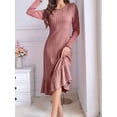 thumbnail image 5 of Long Sleeve Fall Dress for Women Casual Crew Neck Midi Long Ribbed Knit Ruffle Swing Maxi Dress Lotus Root Color XXL, 5 of 7