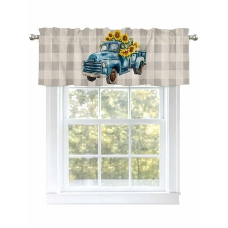 Spring Truck Sunflower Valances for Windows Rod Pocket Kitchen Valance Curtains - Soft & Washable Small Window Treatment for Living Room Bathroom Buffalo Plaid 42x12 Inch 1 Panel