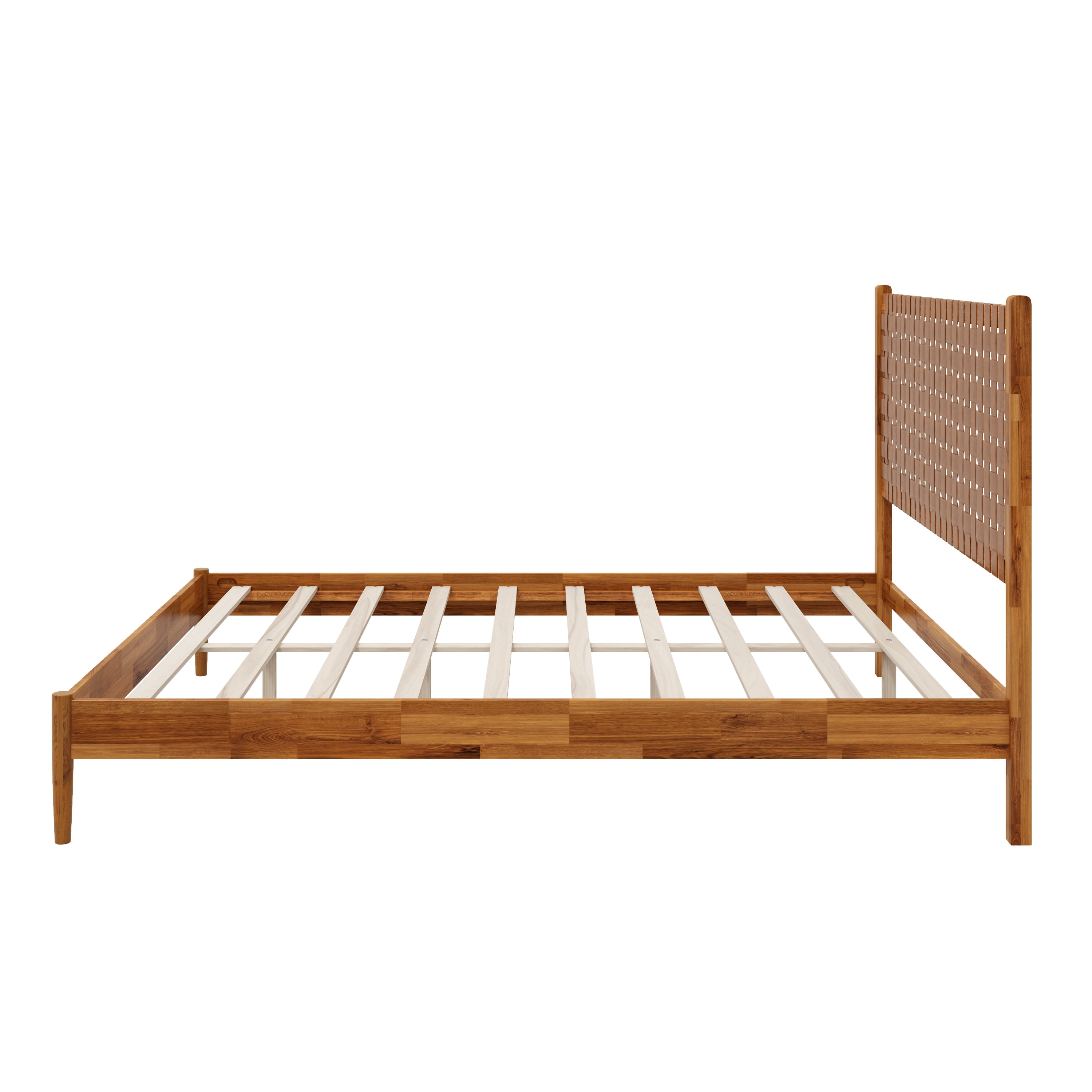 Euroco Solid Acacia Wood Queen Size Platform Bed, Mid-Century Modern Style Bed with Hand-Woven Vegan Leather Headboard, No Box Spring Needed, Caremel