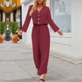 thumbnail image 2 of Traje de pantalón superior para mujer Manga larga Cuello en V Botón Cierre con cordón frontal Trajes de dos piezas Rojo vino XXL, 2 of 4