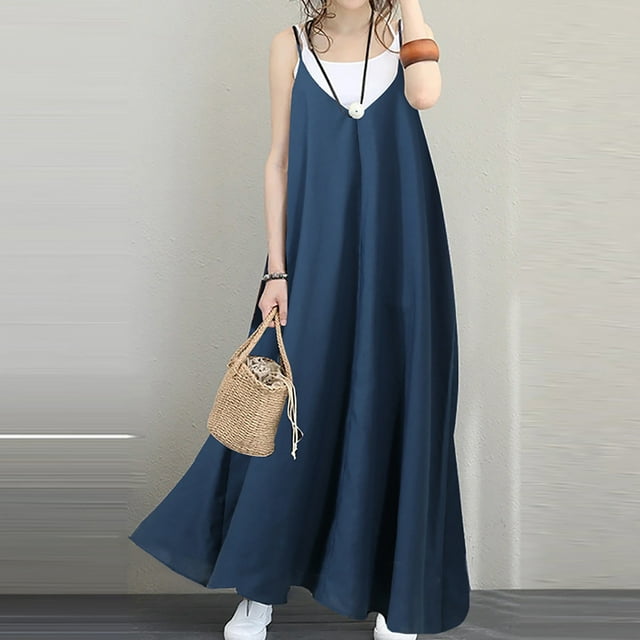 Dianli Liquidation Robe Longue Sans Manches à Col en V Unie d'Été Ample Plissée Évasée Débardeur Robe Décontractée Bleu TTTTG pour Intérieur/extérieur