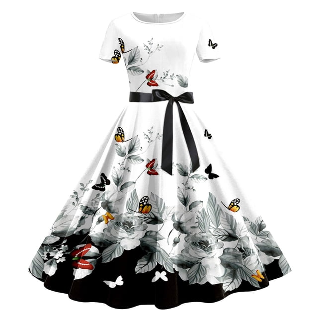 WILLBEST Robe de Soirée Femme Imprimée Col Rond Manches Courtes Années 1950 Soirée Bal