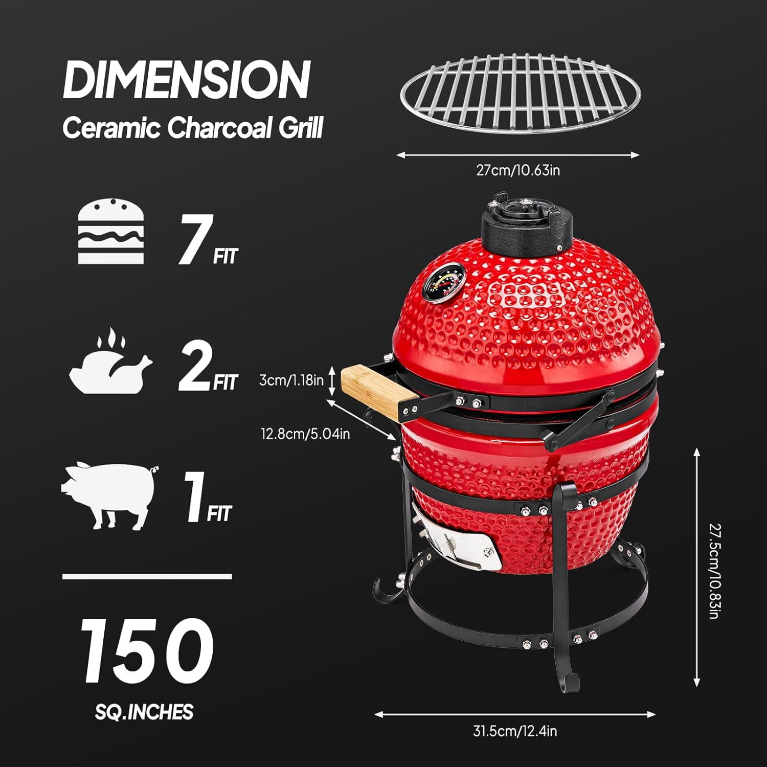 ROVSUN 13IN Red Spherical Ceramic Charcoal Grill with Inner Liner, Portable BBQ Smoker for Outdoor Cooking, Camping, and Backyard Grilling