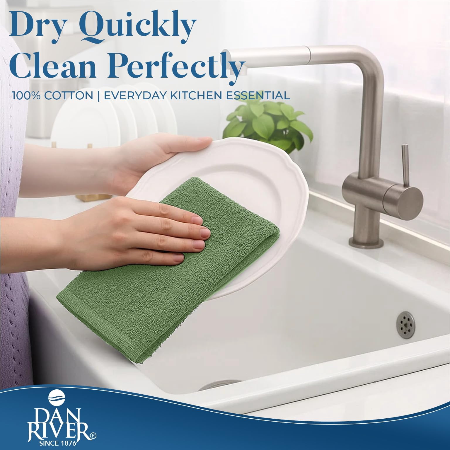 Dan River Cotton Absorbent Reusable Cleaning Bar Mop Kitchen Towels, Pack of 12, Green, 16x19 In