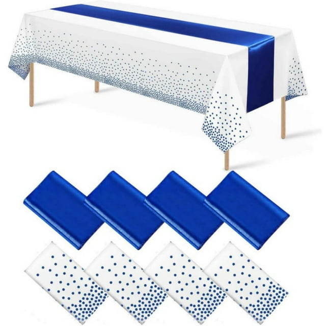 PENGXIANG 1 Pack Plastic Table Cloth Cover + 1 Pack Satin Table Runner for Parties Disposable Tablecloth for Rectangle Tables Birthday Wedding Graduation Mather Valentine‘s Day Christma
