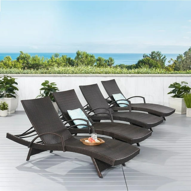 Noble House PE Rattan Chaise Lounge Set of 4, Foldable Backrest Adjustable Outdoor Recliners for Poolside & Patio, Brown