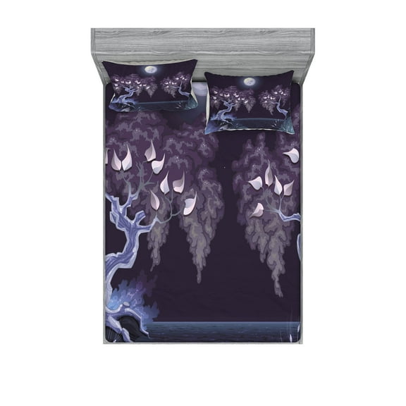 Ambesonne Nature Fitted Sheet & Pillow Sham Set, Dramatic Night, Queen, Purple