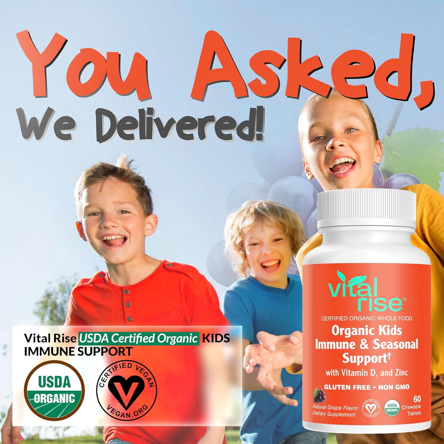 Vital Rise Organic Kids Immune Support Chewable Tablets, Sugar-Free Grape Flavor, Vitamin C, Vitamin D3, Zinc & Elderberry, USDA Organic, Vegan Supplement for Kids Ages 4+