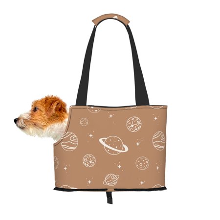 TEQUAN Foldable Dog Purse Carrier, Collapsible Brown Cartoon Space Planet Prints Pet Travel Tote Bag for Small Cat Puppy, Waterproof Dog Soft-Sided Carriers