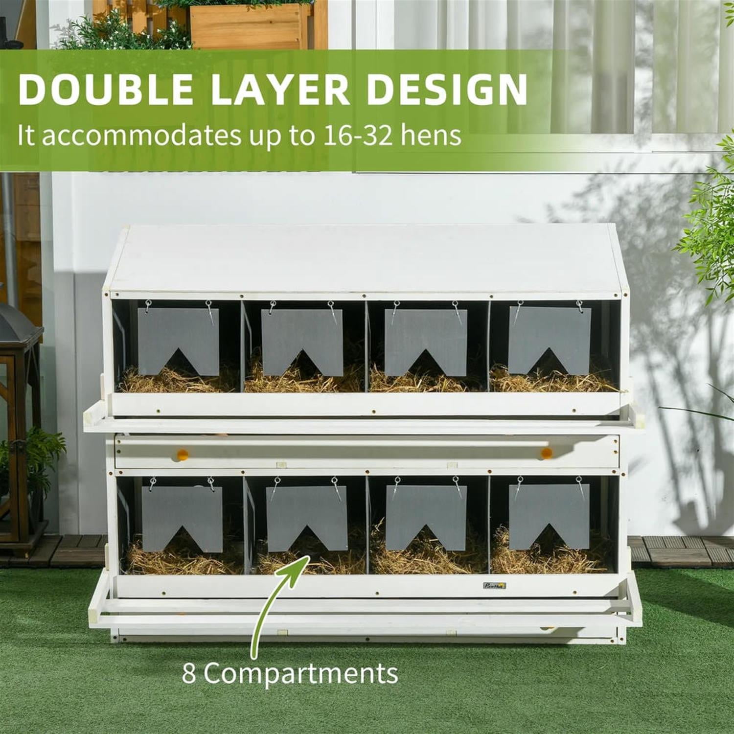 Kadyn 47" Outdoor Chicken Nesting Box, 8 Compartment Nesting Box, 8 Room Wood Nesting Boxes for 16-32 Hens, Gray