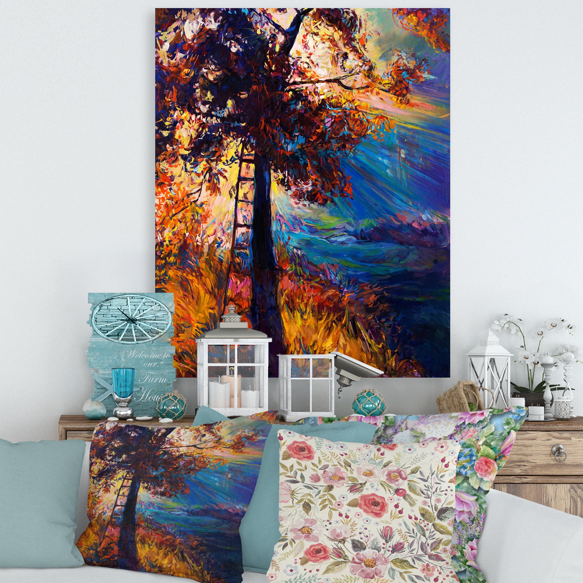 Silhouette Of Autumn Tree In The Sunset Glow 12 in x 8 in Painting Canvas Art Print, by Designart