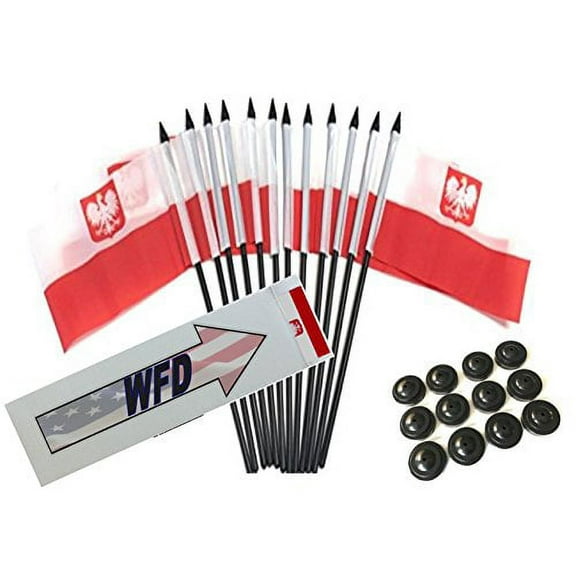 Pack of 12 4"x6" Poland Eagle Polyester Miniature Desk & Little Table Flags, 1 Dozen 4"x 6" Polish Eagle Small Mini Hand Waving Stick Flags with 12 Flag Bases (Stands)