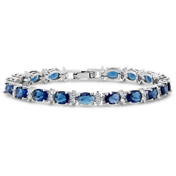 KEZEF Tennis Bracelet Simulated Blue Amethyst 7x5 mm Oval & 2 mm Round Accents Silver Plated Brass Women 7 inch
