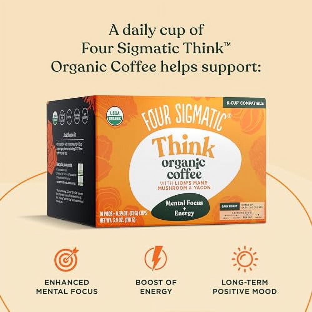 Four Sigmatic Mushroom Coffee K-Cups | Organic and Fair Trade Dark Roast Coffee with Lionâ€™s Mane Mushroom Powder & Yacon | Focus & Immune Support | Vegan & Keto | Sustainable Pods | 10 Count