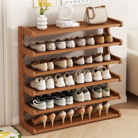 6-Tier Bamboo Shoe Rack, Wood Grain Shoe Storage Organizer Holds up to 24 Pairs, Space-Saving Entryway Shoe Shelf for Bedroom, Living Room, Garage and Hallway