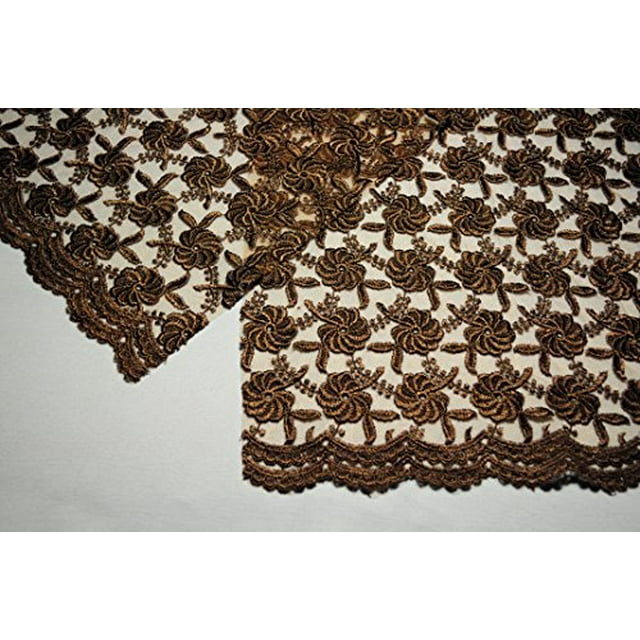 Altotux 51" Floral Tulle Embroidery Lace Net Fabric Double Scalloped 5 Colors (Brown)