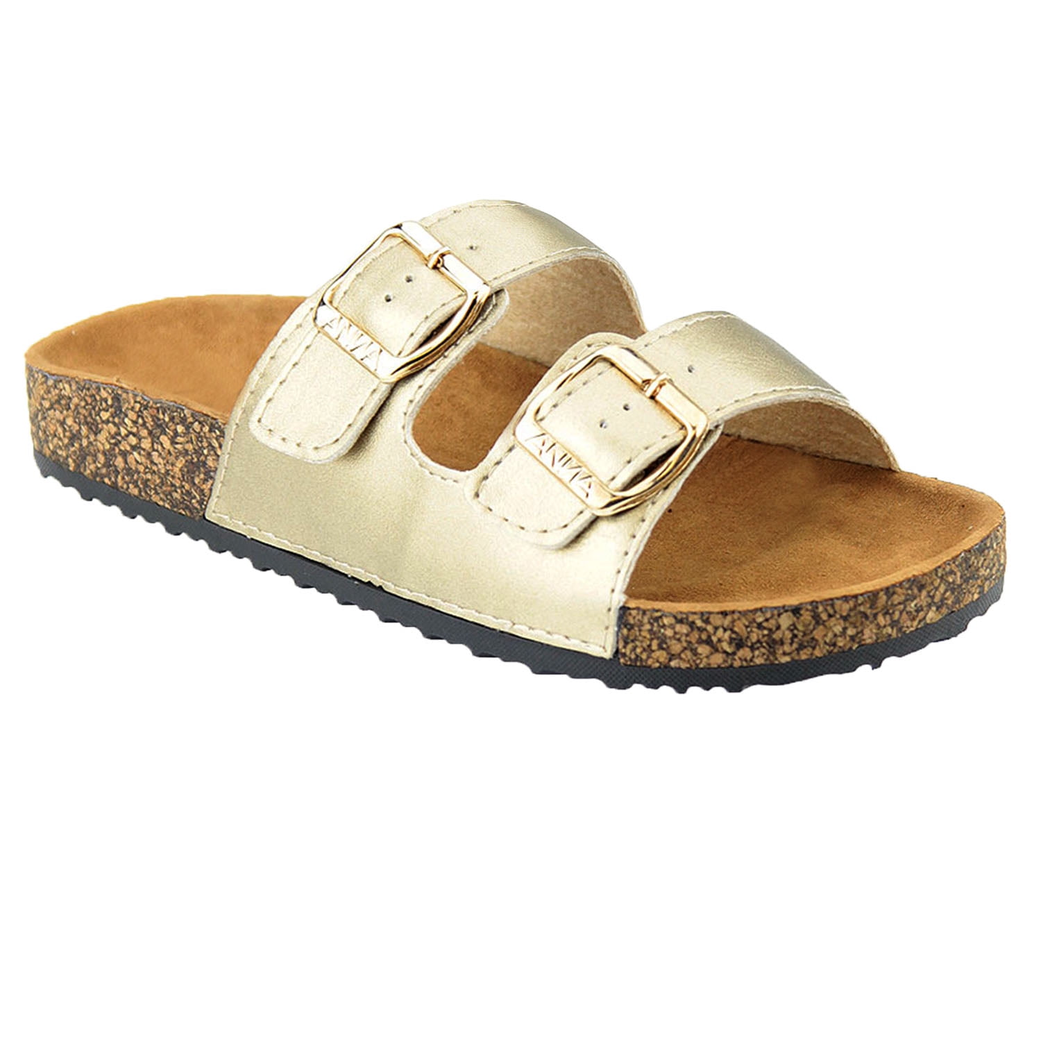 SNJ NEW Kids Girl Open Toe Solid Double Strap Cork Sole Slide Sandal