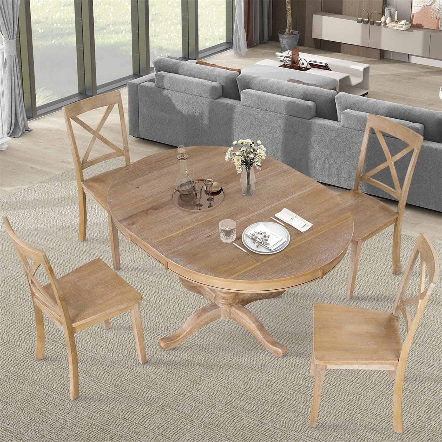 Kadyn 5 Piece Kitchen Dining Table and Chair Set, Dining Table Set for 4, Round Table and 4 Kitchen Room Chairs, Natural Wood Wash