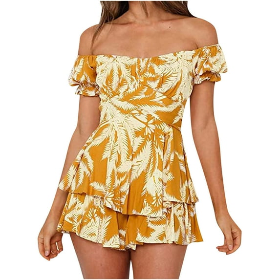 summer rompers for women 2022 dressy off-the-shoulder floral puff sleeve jumpsuit ruffle shorts romper