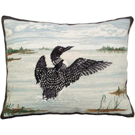 Handcrafted Loon in Flight Needlepoint Pillow