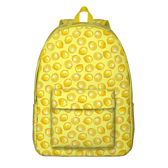 Cute Lemon Pattern School Backpack, Bright Yellow Fruit Design Casual Daypack with Flowers and Vintage Style for Teens