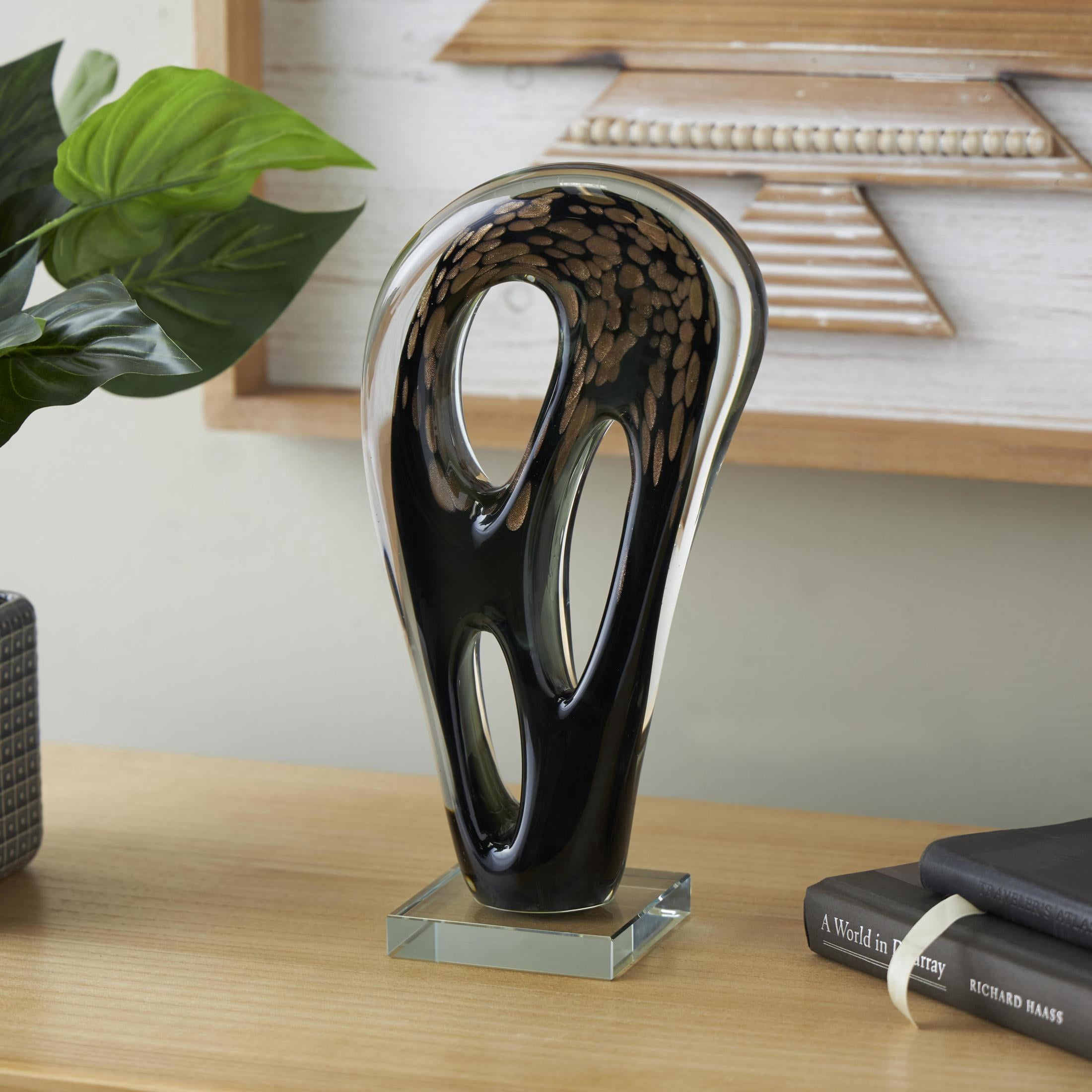 7" x 13" Black Glass Curved Cutout Abstract Sculpture with Gold Spotted Accents, by DecMode