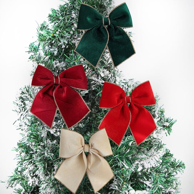 Adorno Colgante para Árbol de Navidad: Lazo de Tela de Terciopelo Dorado Flocado | Beige | 25 X 20 Cm | 55 G | 1 Unidad