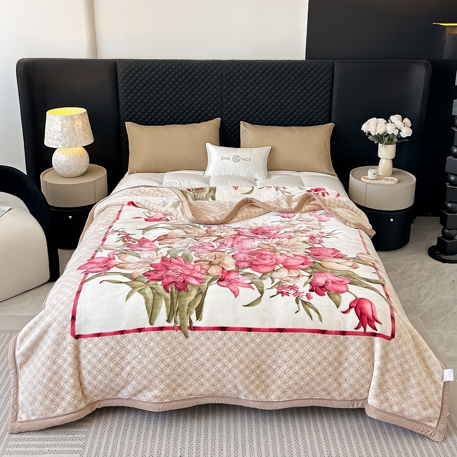 WOOW DEPOT Thick Fleece Twin Bed Blanket Reversible, 1 PCS Peony Flower Printed 59" x 78.7" Soft Warm Mink Blanket Luxurious 4.41 lb Heavy, Khaki