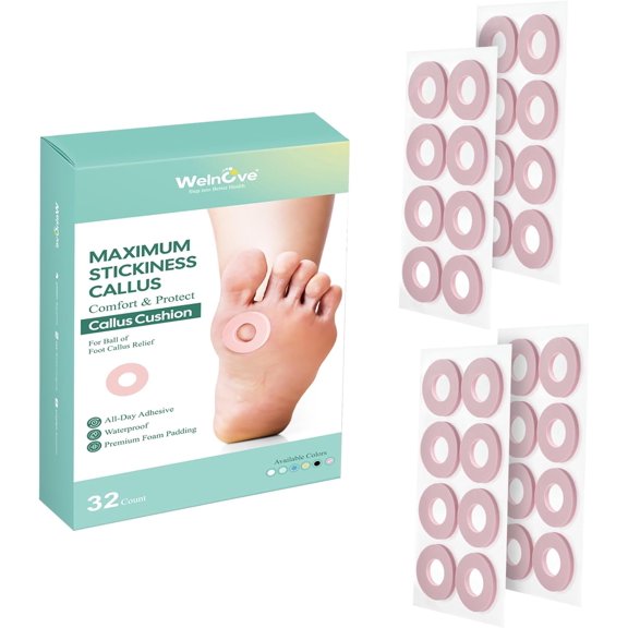 Welnove Corn Cushions for Toes, 32 Count Self-Stick Callus Pads with Water-Resistant Adhesive, Provides Cushioning, Reduces Rubbing Pain (Pink)