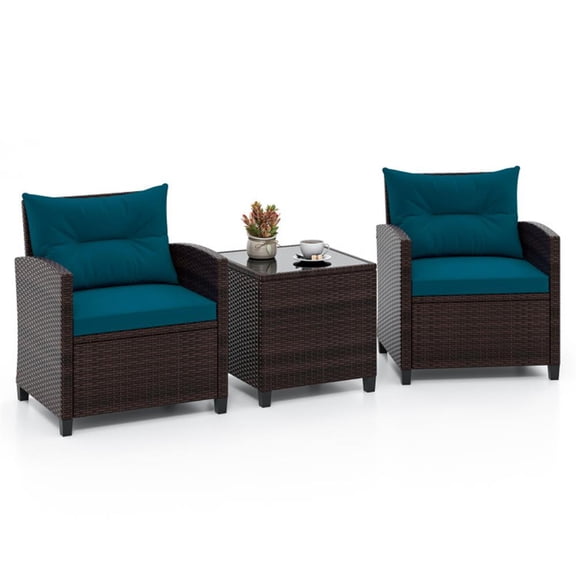 Barara King Patio Relaxation Sets,3 Pieces Rattan Patio Furniture Set with Washable Cushion-Peacock Blue