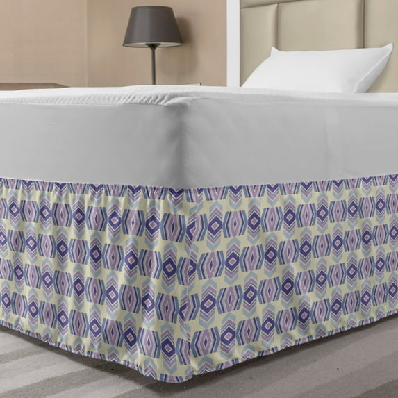 Ethnic Bed Skirt, Bohemian Style Design with Purple Tones Folk Motif Traditional Ornament, Elastic Bedskirt Dust Ruffle Wrap Around for Bedding Decor, 4 Sizes, Multicolor, by Ambesonne