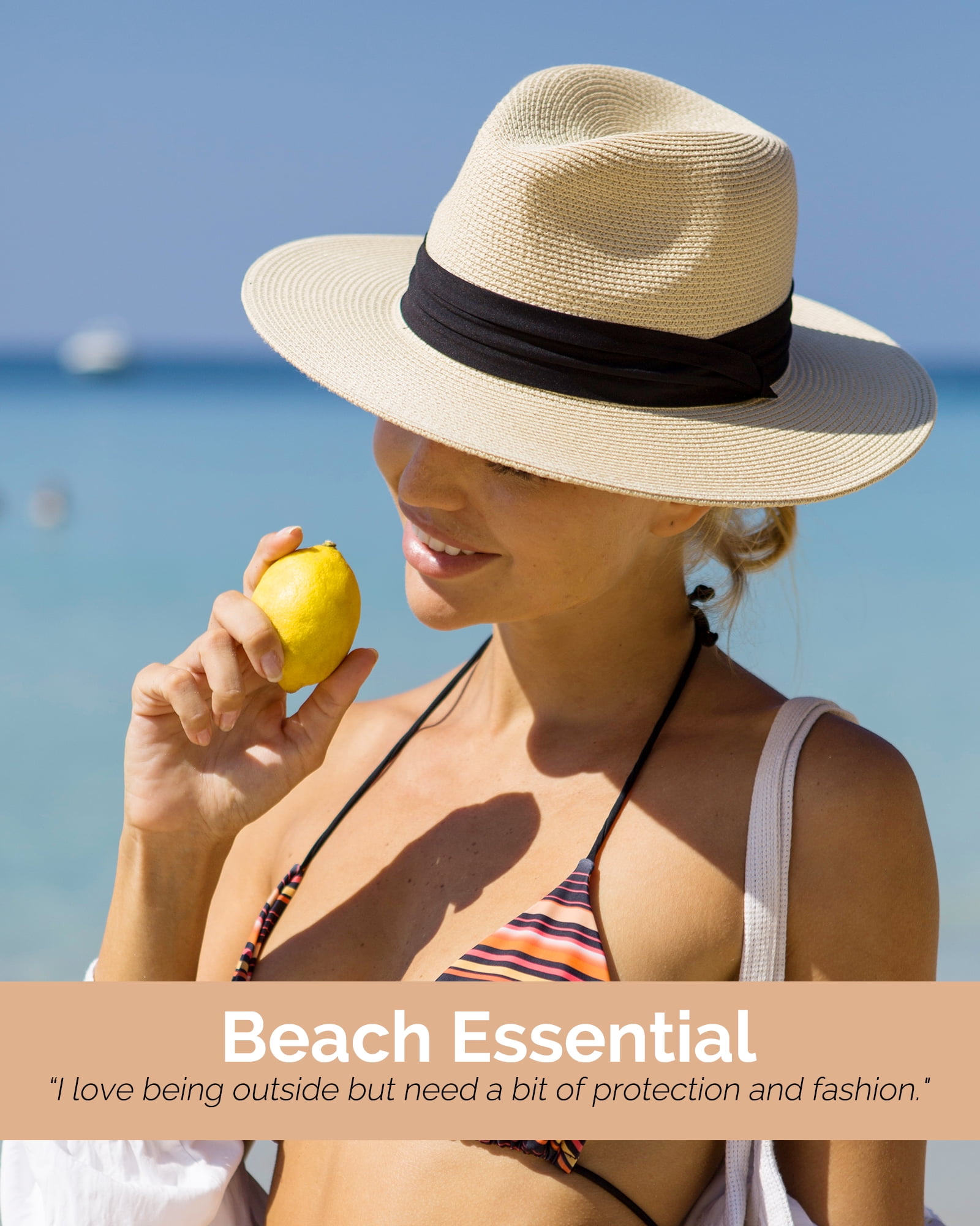 Panama Hat Sun Hats for Women Men Wide Brim Fedora Straw Beach Hat UV UPF 50-  Beige- L 