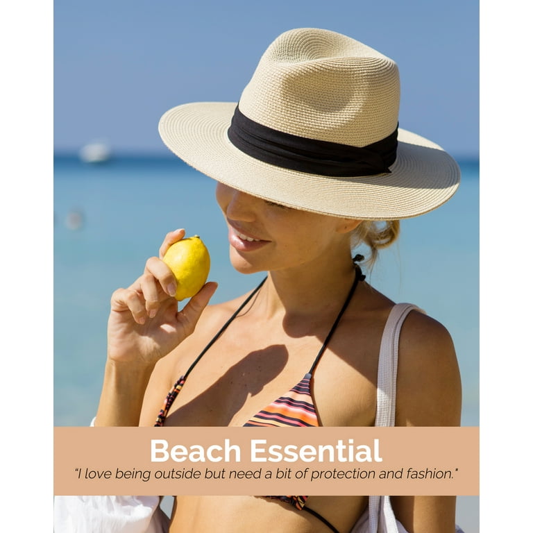 Panama Hat Sun Hats for Women Men Wide Brim Fedora Straw Beach Hat UV UPF  50- Beige- L 