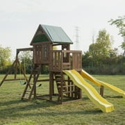 Swing-N-Slide Castlebrook Wooden Backyard Swing Set with Wave Slide, Curved Slide, Climbing Wall, and Swings