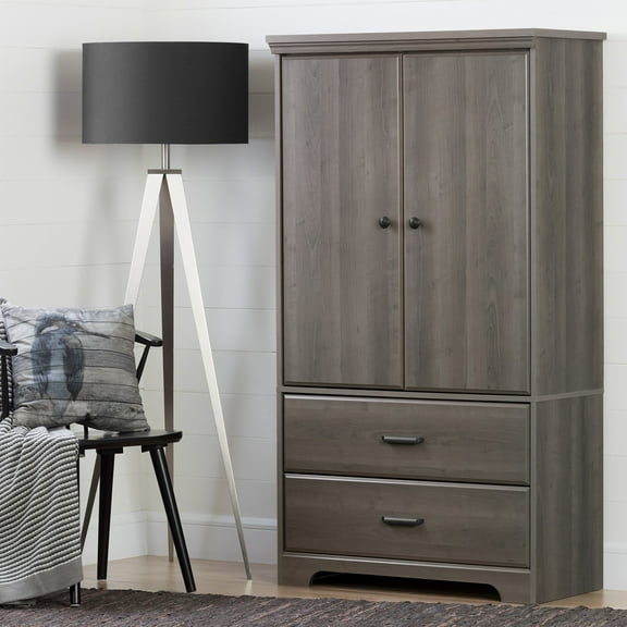HomeStock Beachy Boho 2-Door Armoire with Drawers, Gray Maple, Wardrobe Closet, Cabinet, Armoires and Wardrobes - 19.38"D x 33.75"W x 63.5"H