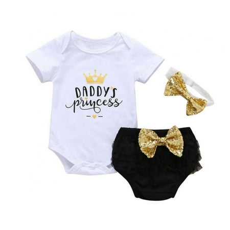 

3Pcs Baby Girl Short Sleeve Letters Romper Jumpsuit+Pant Shorts+Headband Bodysuit Outfit 6-24M