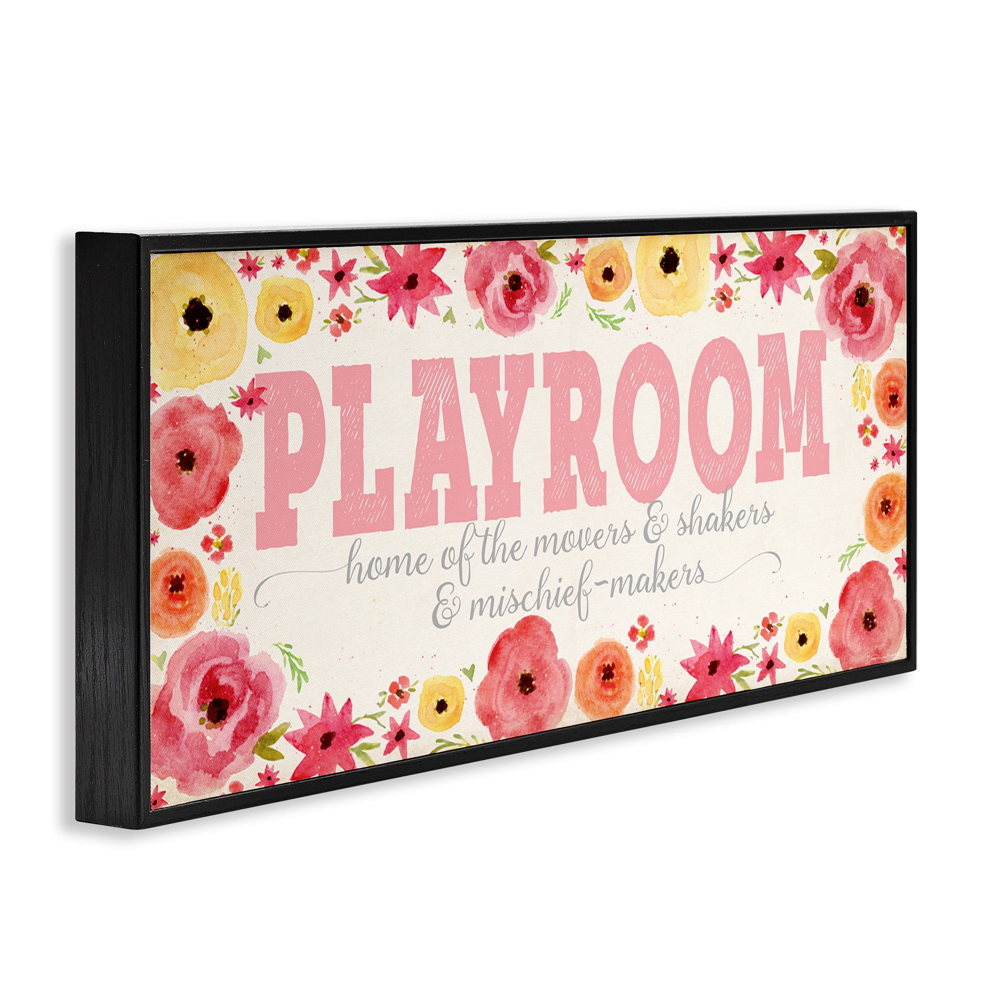 Stupell Industries Playroom Of Mischief Makers Pink Art for Kids Painting Black Framed Art Print Wall Art, 30 x 13