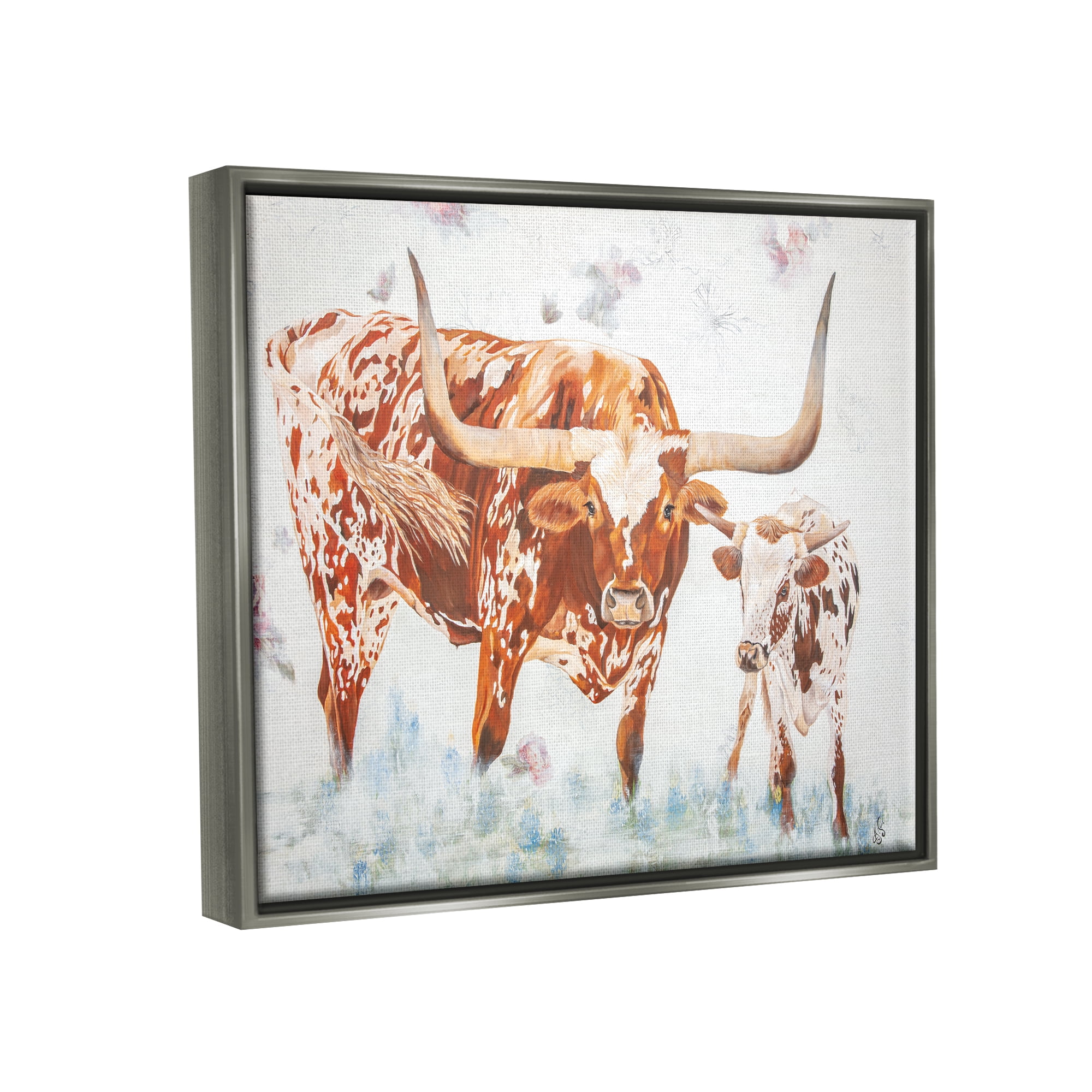 Stupell Brown Longhorn Cattle Family Farmhouse Animals & Insects Painting Gray Floater Framed Art Print Wall Art