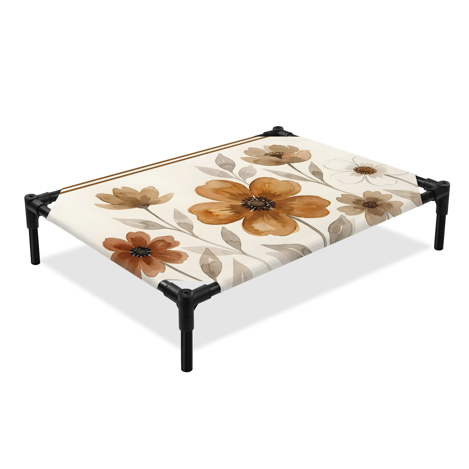 Brown Flower Elevated Dog Bed Vintage Rustic Floral Watercolor Beige Wildflower Cooling Breathable Outdoor Raised Dog Cot Bed with Metal Frame Non-Slip Feet for Large Dog 28x22in