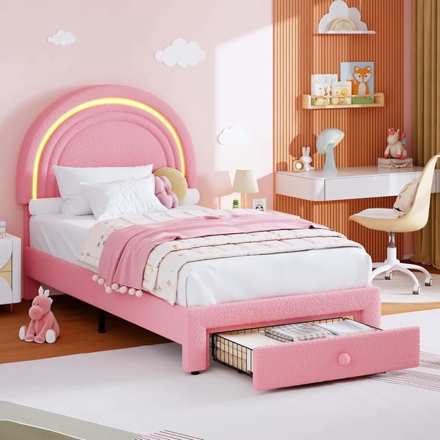 Bingirl Pink Twin LED Upholstered Bed for Bedroom - Princess Platform Bed with Rainbow Headboard, Storage Drawer, No Box Spring, Easy Assembly - A Fun and Comfortable Bed