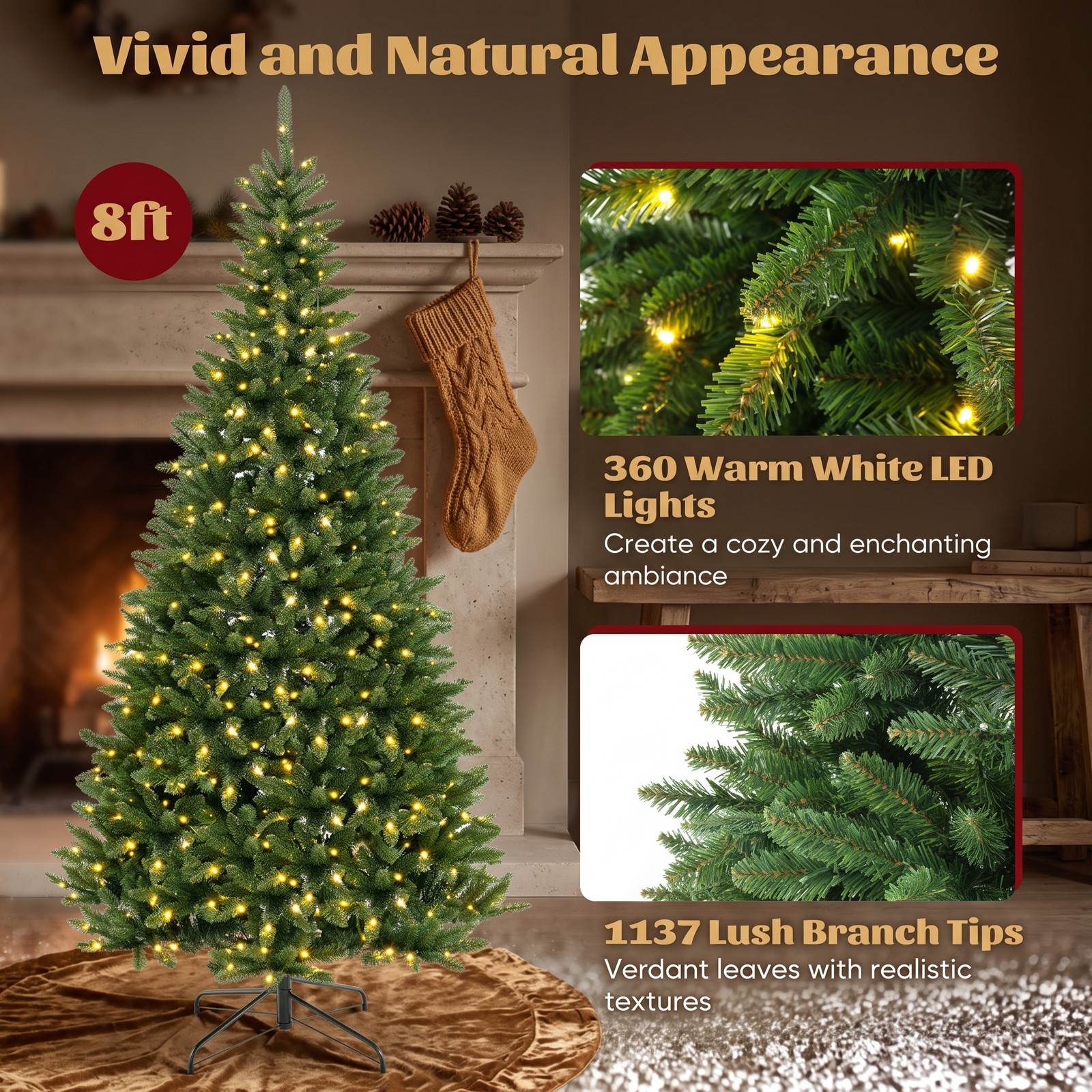 RUIE 8 FT Corner Artificial Christmas Tree, 1137 Branch Tips 360 Warm White LED Lights, Space-Saving 270 Degree Pre-Lit Hinged Xmas Tree with Metal Stand for, Green
