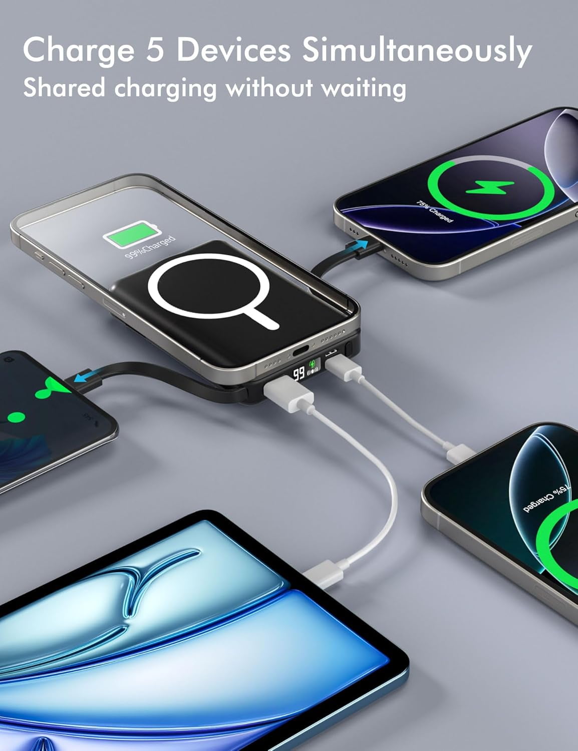 for Magsafe Battery Pack, 10000mAh Magnetic Power Bank Built-in Double USB C Cables 22.5W PD Fast Charging LED Display Wireless Portable Charger iPhone 17/16/15/14/13/12 Series-
