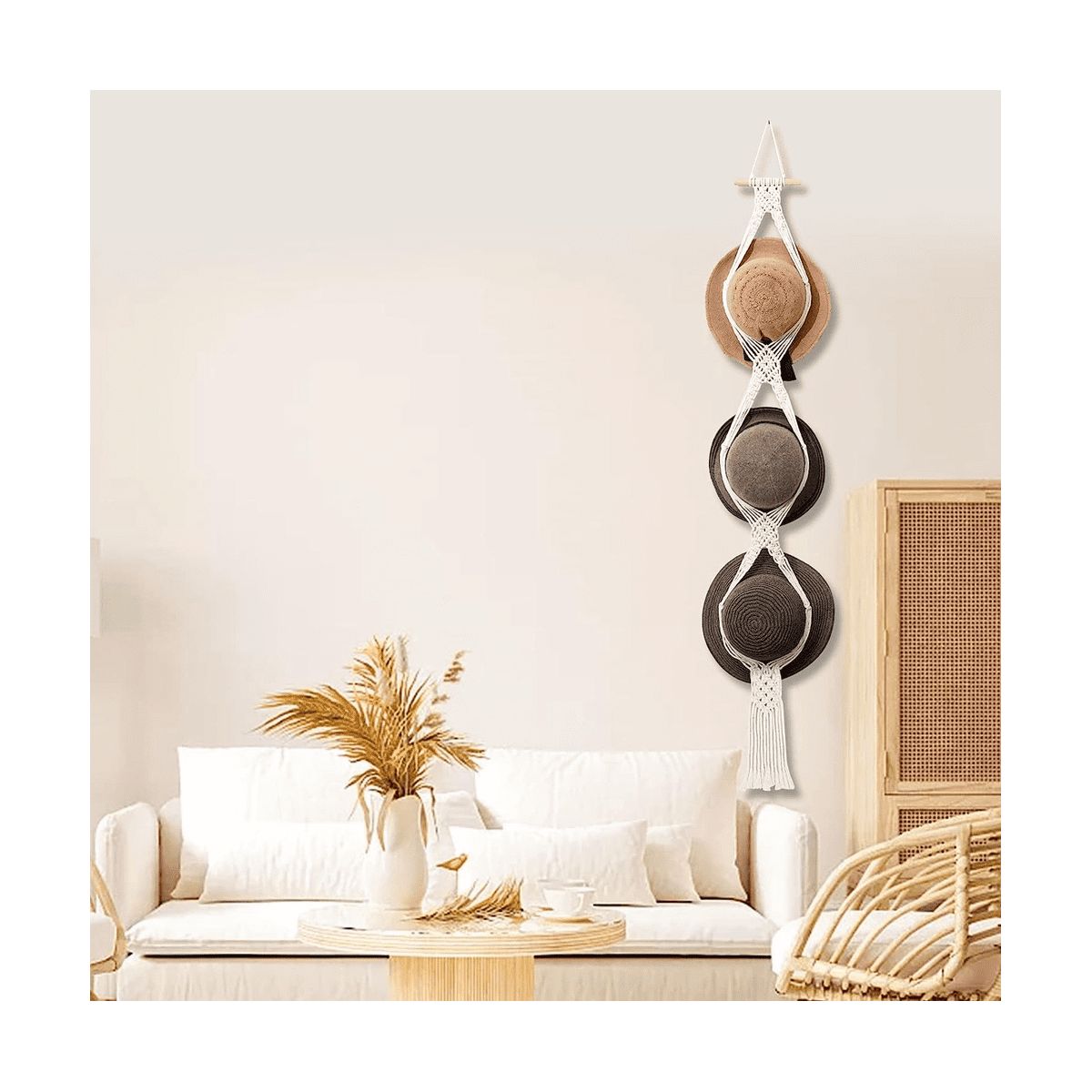 Boho Macrame Hat Hangers For Wall | 2-Hole Hat Organizer With Adhesive Hook | Decorative Cap Holder For Wide Brim Hats - View #12