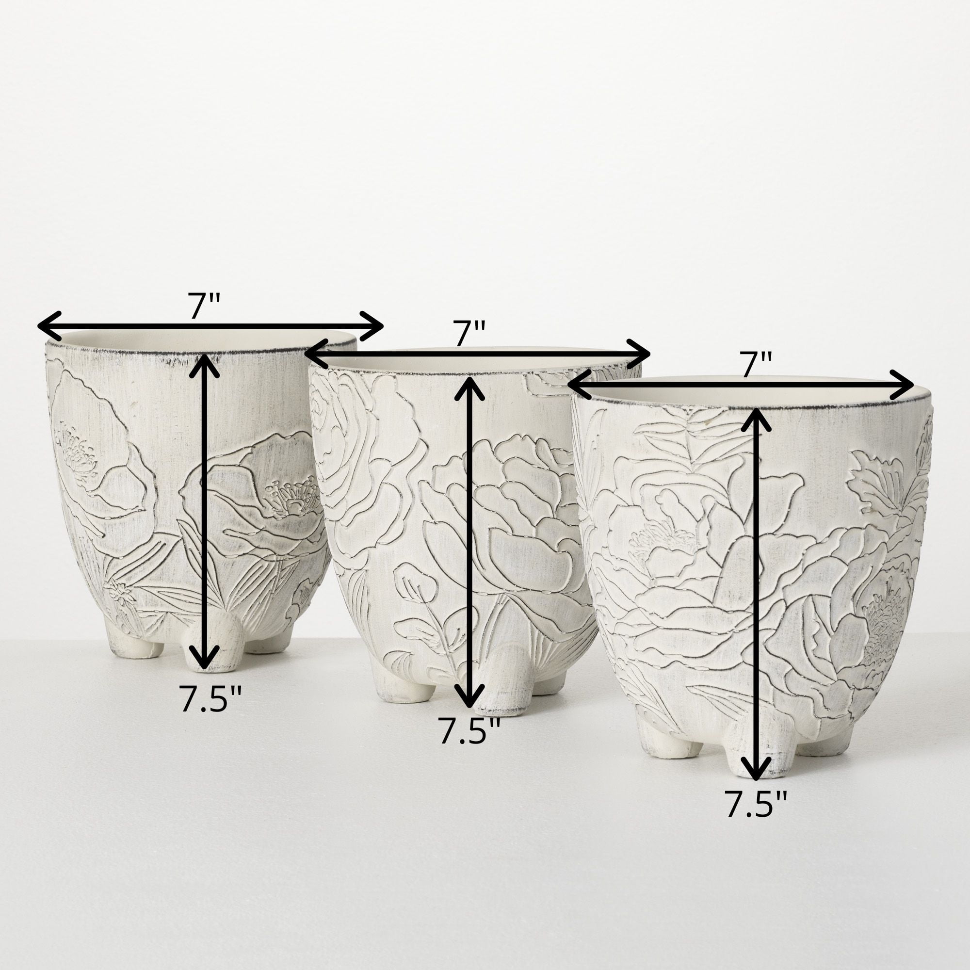 7.5"H Sullivans Large Cement Floral Line Art Pots Set of 3, Gray
